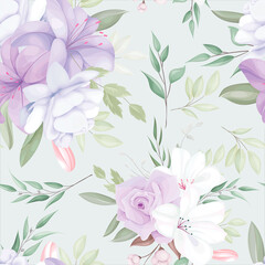 Fototapeta na wymiar elegant seamless pattern with beautiful white and purple flowers and leaves