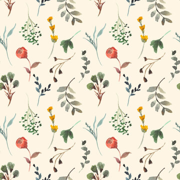 Autumn wild floral watercolor seamless pattern