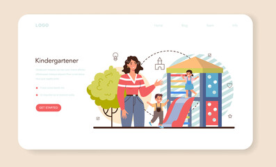 Kindergartener web banner or landing page. Professional nany and children