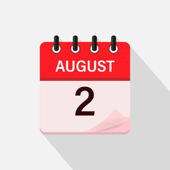 August 2, Calendar icon with shadow. Day, month. Flat vector illustration.