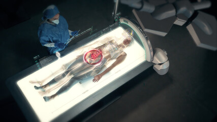 In the Near Future: Female Doctor uses Full Body Anatomy Futuristic Medical Augmented Reality...