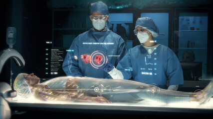 Team of surgeons perform a delicate operation using modern medical full body surgical augmented...