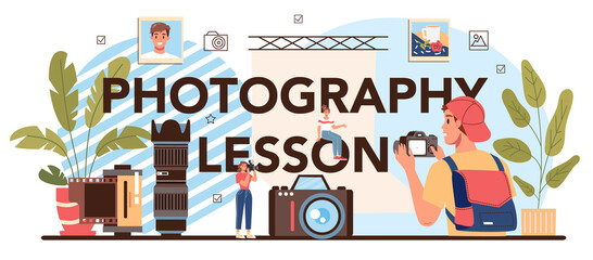 Fototapeta Photography lesson typographic header. Students lerning to take photos obraz