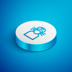 Isometric line Man in headphones icon isolated on blue background. White circle button. Vector