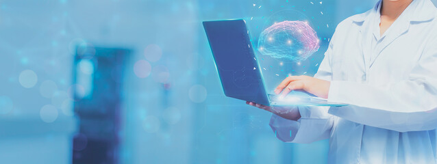Woman doctor holding futuristic computer with virtual screen interface holographic digital brain on laptop,concept digital healthcare connection and medical innovative technology and science
