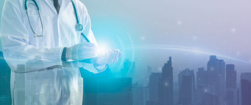 Double exposure doctor records and diagnoses patient symptoms with city background,examination analysis report,medicine and business healthcare and medical,analysis data collection patient information