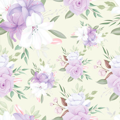 Fototapeta na wymiar elegant seamless pattern with beautiful white and purple flowers and leaves