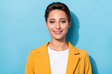 Photo of young attractive business woman happy positive smile agent manager confident isolated over blue color background