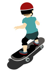 イラスト素材：スケートボードの練習をする子供の手描きイラスト（ヘルメット・プロテクター装備）