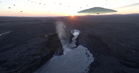 Flying Saucers Fleet Heading toward Mothership, Aerial view
Drone view from Iceland At sunset with...