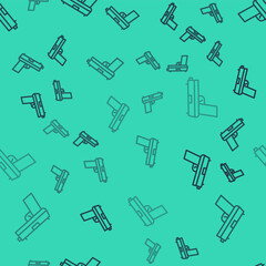 Obraz premium Black line Pistol or gun icon isolated seamless pattern on green background. Police or military handgun. Small firearm. Vector