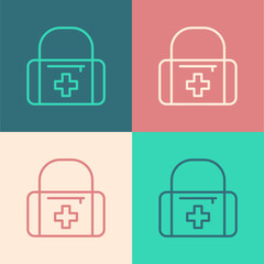Obraz premium Pop art line First aid kit icon isolated on color background. Medical box with cross. Medical equipment for emergency. Healthcare concept. Vector
