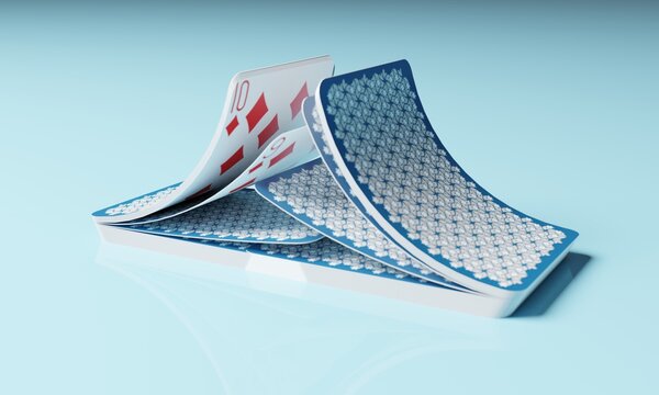 close up of 3d rendering shuffle playing card motion over light blue background. 3d illustration