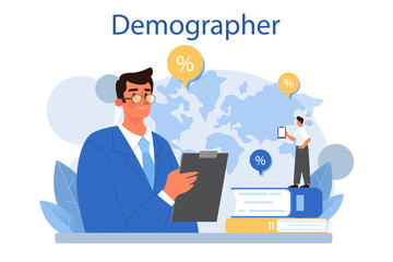 Demographer concept. Scientist studying population growth, analyze data