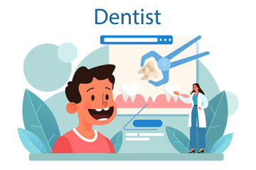 Dentist concept. Dental doctor in uniform treating human teeth using
