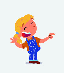 cartoon character of little girl on jeans laughing while pointing.