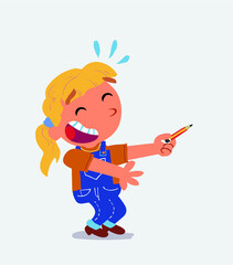 cartoon character of little girl on jeans laughs while pointing to the side with a pencil