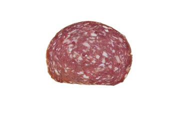 Slice of salami sausage isolated on white background