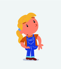 cartoon character of little girl on jeans looks with doubt and somewhat surprised.