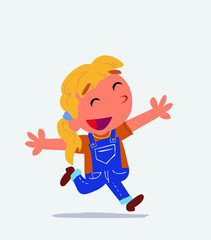 cartoon character of little girl on jeans running euphoric.