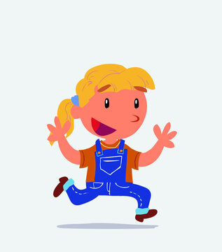 cartoon character of little girl on jeans running happily.