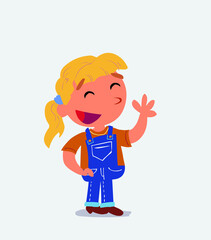 cartoon character of little girl on jeans waving informally while smiling.