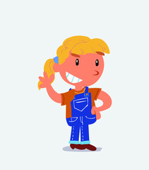 cartoon character of little girl on jeans waving while smiling.