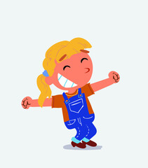 Euphoric little girl on jeans in funny cartoon character.