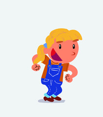 Euphoric cartoon character of little girl on jeans makes plans.