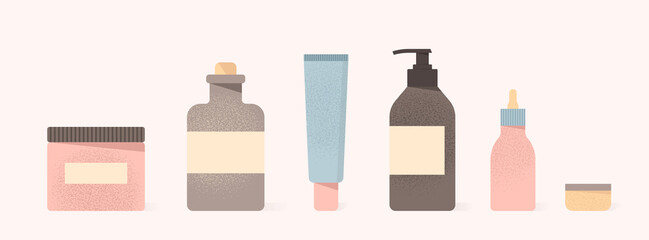 Cosmetics packaging, containers, bottles set. Collection of skin and body care products. Natural organic cream, lotion, oil, scrub for skincare. Isolated vector illustration