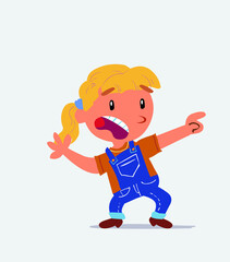 Scared cartoon character of little girl on jeans points to the side.
