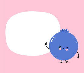 Cute happy smile funny blueberry with text box. Vector flat line cartoon kawaii face character illustration icon. Isolated on white background. Blueberry berry cartoon baby mascot character concept