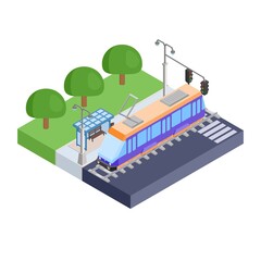 tram at stop isometric icon image in on stocks