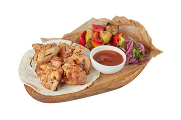 Grilled meat with vegetables, restaurant dish, image isolate