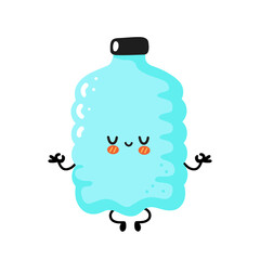 Cute funny happy smile plastic bottle character meditate in yoga pose. Vector cartoon character sticker illustration. Funny happy plastic bottle cartoon character concept. Isolated on white background