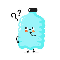Cute funny happy smile plastic bottle character with question marks. Vector cartoon character sticker illustration. Funny happy plastic bottle cartoon character concept. Isolated on white background