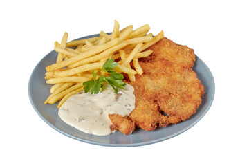Schnitzel with sauce and fries, restaurant dish, image isolate