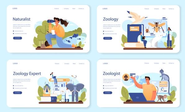 Zoologist web banner or landing page set. Scientist exploring and studying fauna