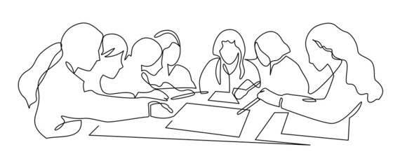 Women work together for business lunch vector art. Business team meeting continuous line drawing. Friends in cafe contour vector illustration. Girls talk