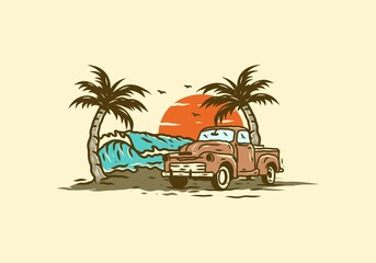 Car on the beach vintage illustration drawing