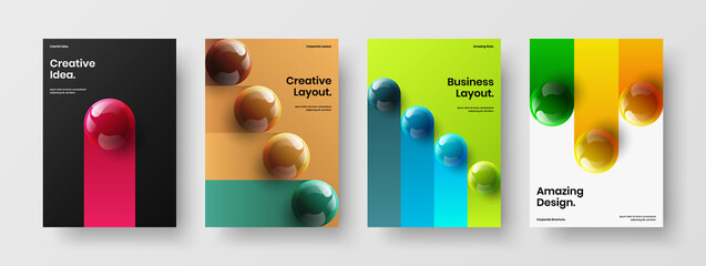 Abstract realistic balls pamphlet concept collection. Clean corporate cover A4 design vector template bundle.