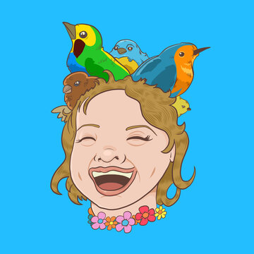 A smiling girl head with some birds making a nest on it. Vector Illustration