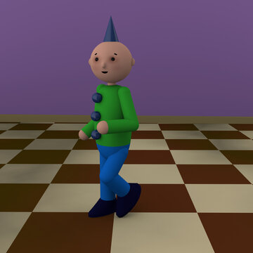 A cute toy character with a conic hat and an spheric head walking over a checkered floor. 3d illustration