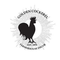 Fototapeta na wymiar Farmhouse Decor Premade Logo Design. Golden Cockerel. Black and white colors. Isolated background. Hand-drawn Stamp silhouette. Farmhouse decor. Farmers market brand. Vector