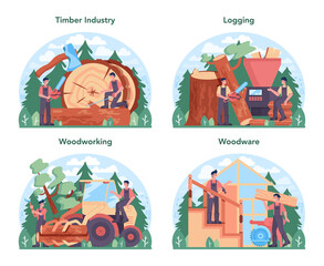 Timber industry and wood production concept set. Logging