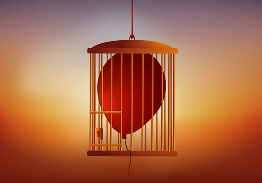Concept de la persécution et la liberté, avec le symbole d’un ballon de baudruche enfermé dans une cage à oiseau.