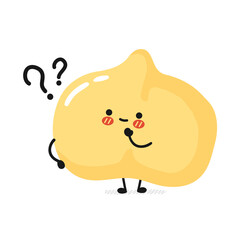 Cute funny chickpea bean character with question marks. Vector flat cartoon kawaii character illustration icon. Isolated on white background. Chickpea pea, bean cartoon character concept