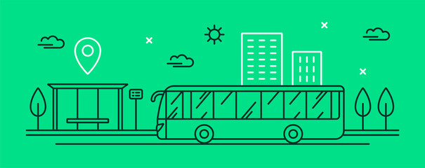 Vector illustration of public transport. City bus near the bus stop. Linear vehicle icon. Stylish web banner. Concept for the transport business.