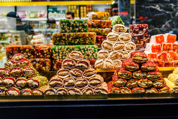 Turkish delight and different sweets for sale at the bazaar in Turkey