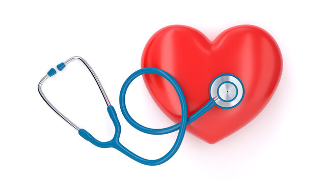 Red heart and stethoscope on a wite background with clipping path. 3D image